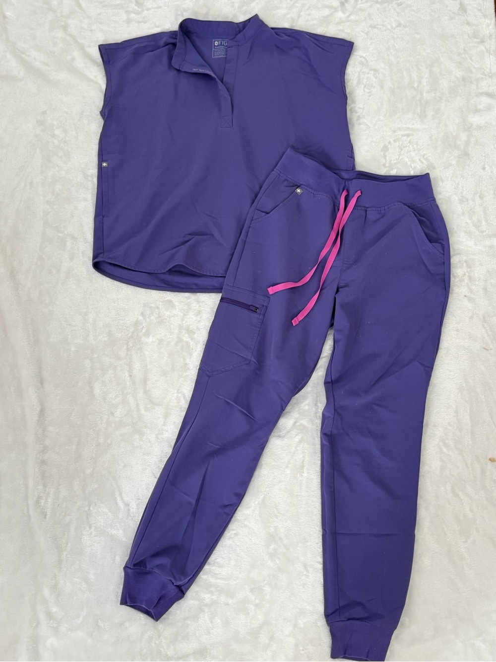 Figs Women's Purple Jogger Scrub Set with Pink Drawstring